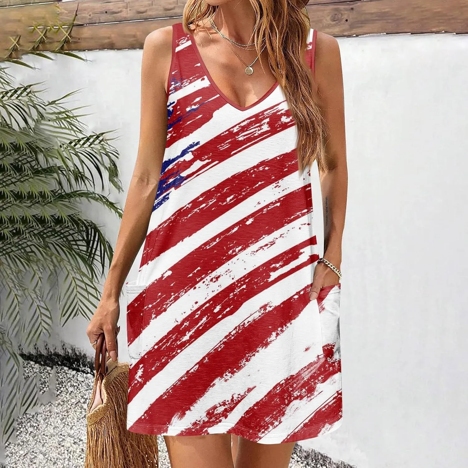 4th of July Dress Women 2025 Star Striped American Flag Print V Neck Mini Tank Dresses Patriotic Dress with Pockets