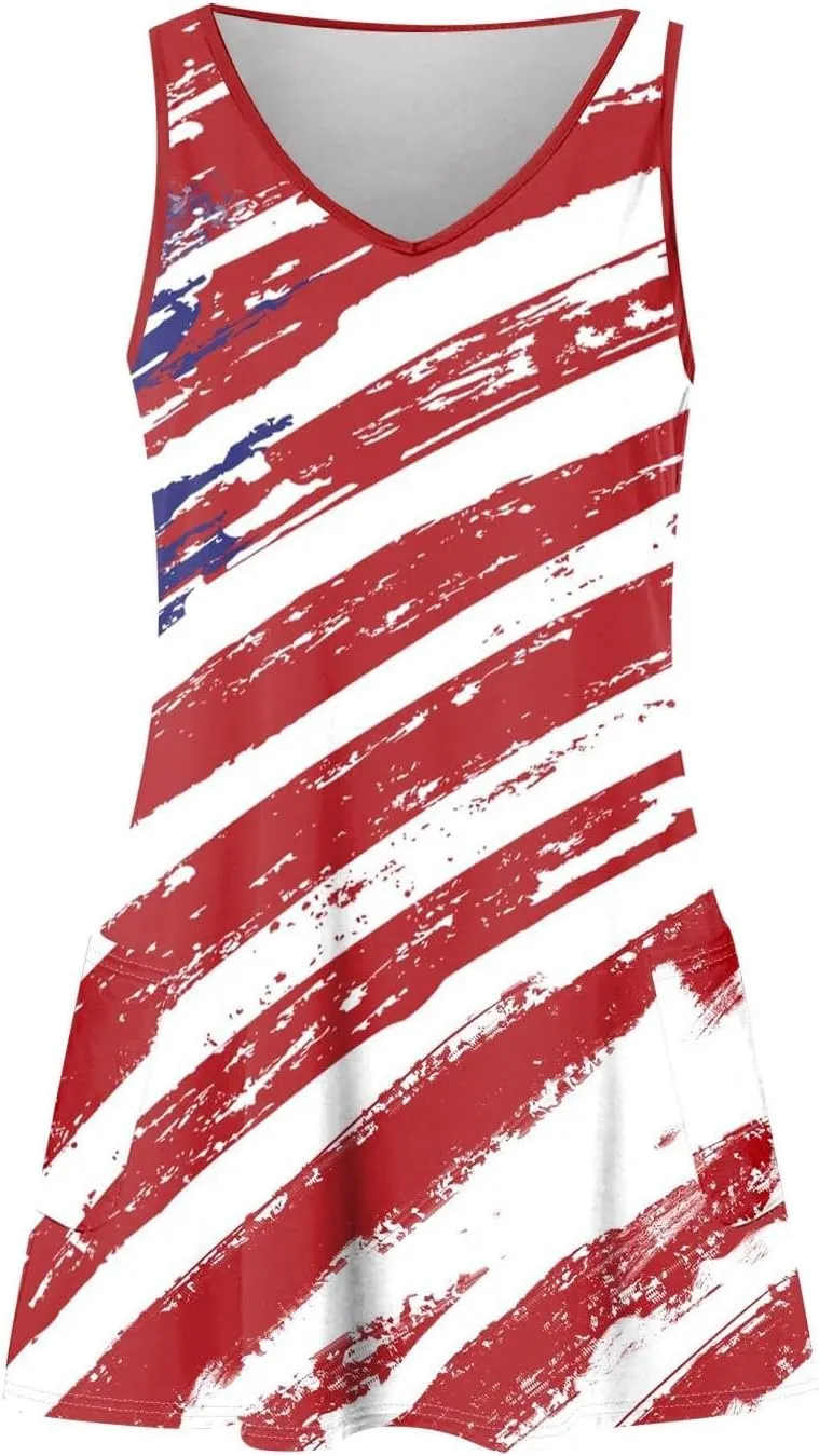 4th of July Dress Women 2025 Star Striped American Flag Print V Neck Mini Tank Dresses Patriotic Dress with Pockets