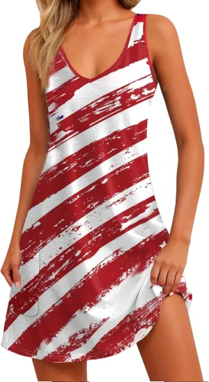 4th of July Dress Women 2025 Star Striped American Flag Print V Neck Mini Tank Dresses Patriotic Dress with Pockets