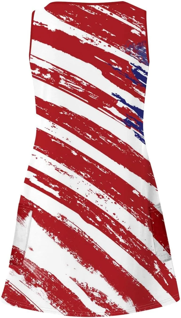 4th of July Dress Women 2025 Star Striped American Flag Print V Neck Mini Tank Dresses Patriotic Dress with Pockets