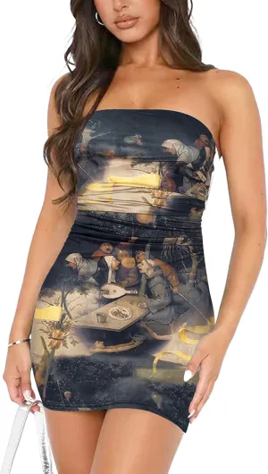 ABMOIU Women's 2025 Floral Tube Mini Dress Strapless Backless Party Club Short Ruched Bodycon Dresses