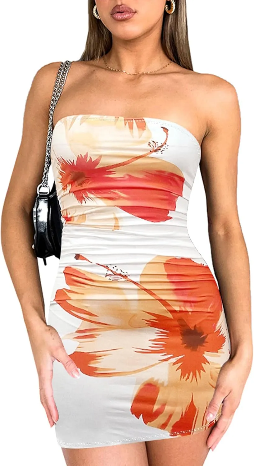 ABMOIU Women's 2025 Floral Tube Mini Dress Strapless Backless Party Club Short Ruched Bodycon Dresses