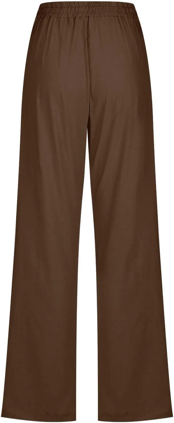 Active Cropped Pants for Womens Solid Drawstring Linen Casual Trousers Slim Fit Pocket Pants Straight Leg Trousers