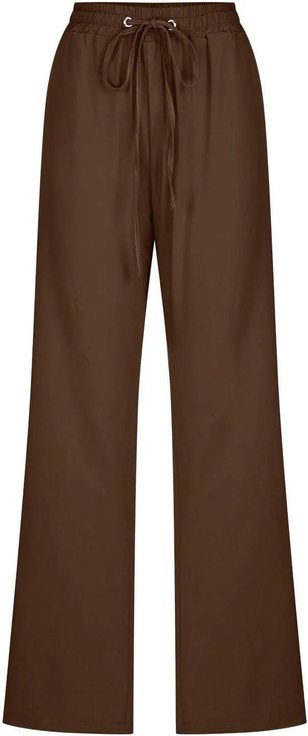 Active Cropped Pants for Womens Solid Drawstring Linen Casual Trousers Slim Fit Pocket Pants Straight Leg Trousers
