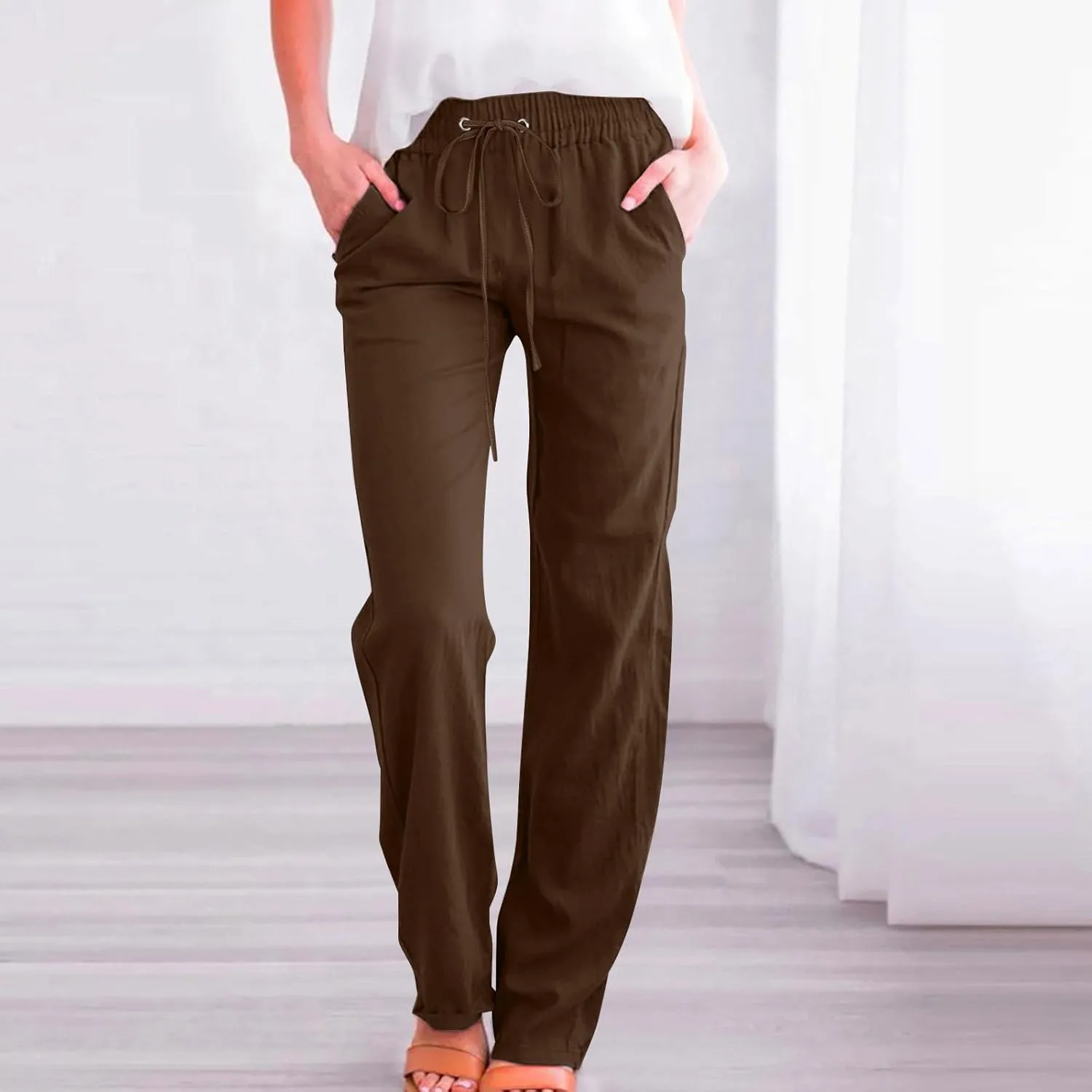 Active Cropped Pants for Womens Solid Drawstring Linen Casual Trousers Slim Fit Pocket Pants Straight Leg Trousers