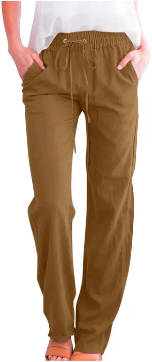 Active Cropped Pants for Womens Solid Drawstring Linen Casual Trousers Slim Fit Pocket Pants Straight Leg Trousers
