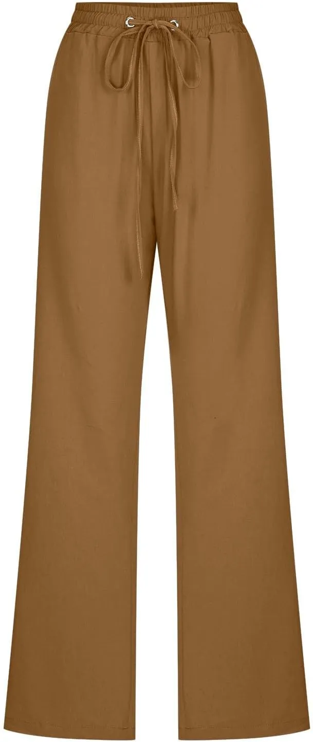 Active Cropped Pants for Womens Solid Drawstring Linen Casual Trousers Slim Fit Pocket Pants Straight Leg Trousers