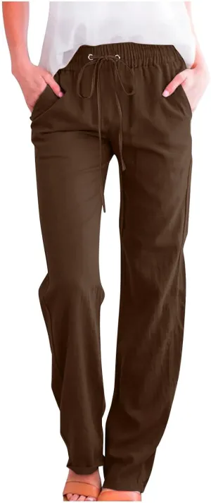 Active Cropped Pants for Womens Solid Drawstring Linen Casual Trousers Slim Fit Pocket Pants Straight Leg Trousers
