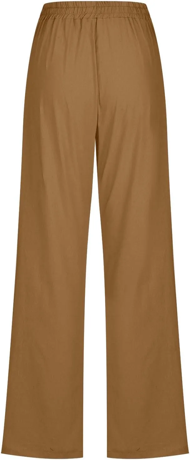 Active Cropped Pants for Womens Solid Drawstring Linen Casual Trousers Slim Fit Pocket Pants Straight Leg Trousers