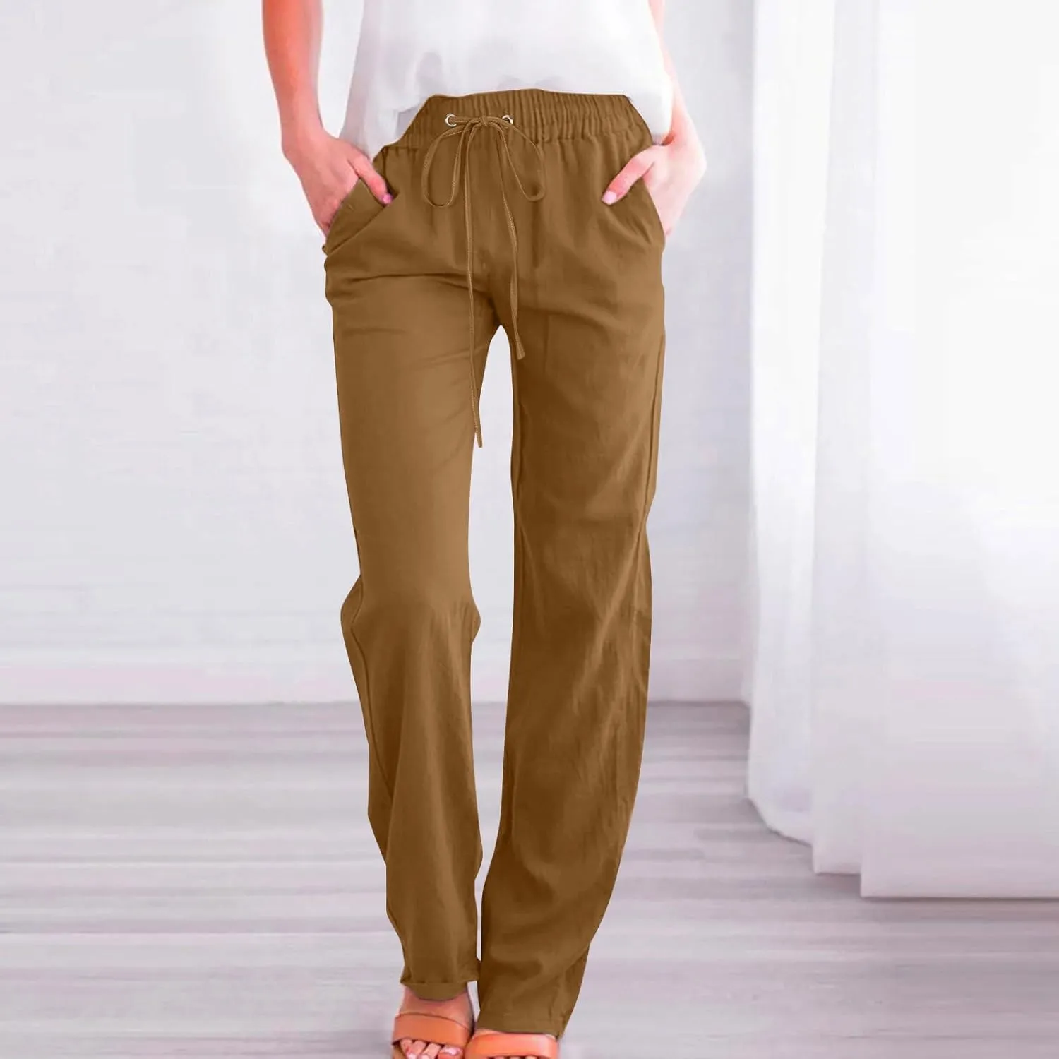 Active Cropped Pants for Womens Solid Drawstring Linen Casual Trousers Slim Fit Pocket Pants Straight Leg Trousers
