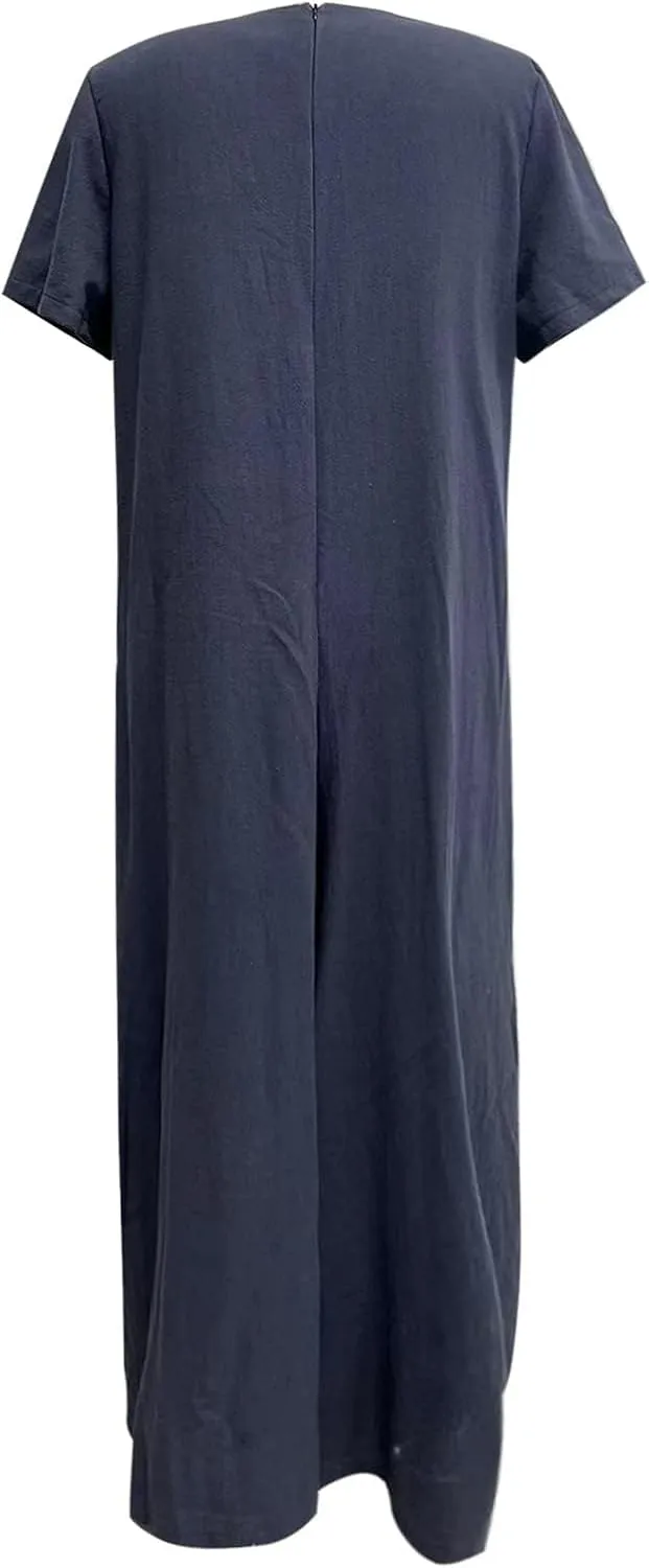 Akivide Womens Casual Jumpsuit Summer Loose Wide Leg Baggy Jumpsuit Linen Short Sleeve V Neck Long Ropmer Overall with Pocket