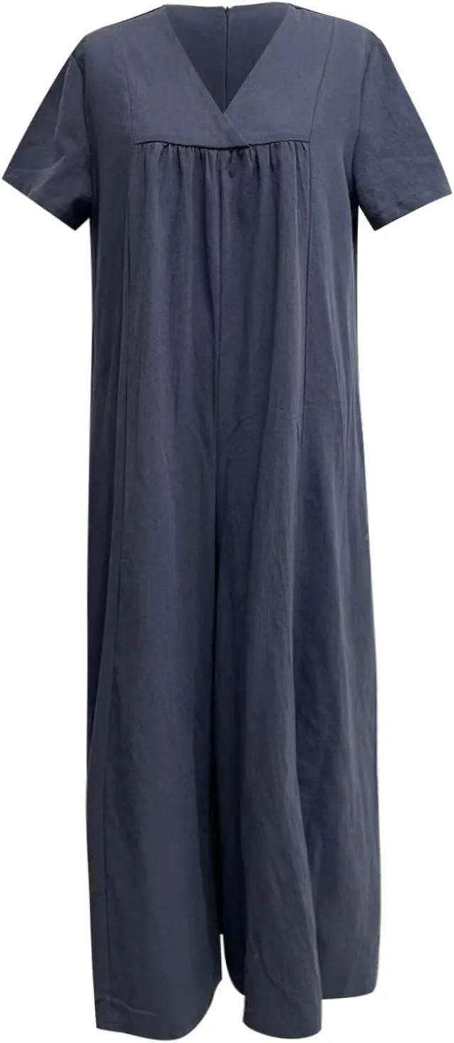 Akivide Womens Casual Jumpsuit Summer Loose Wide Leg Baggy Jumpsuit Linen Short Sleeve V Neck Long Ropmer Overall with Pocket