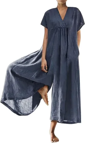 Akivide Womens Casual Jumpsuit Summer Loose Wide Leg Baggy Jumpsuit Linen Short Sleeve V Neck Long Ropmer Overall with Pocket