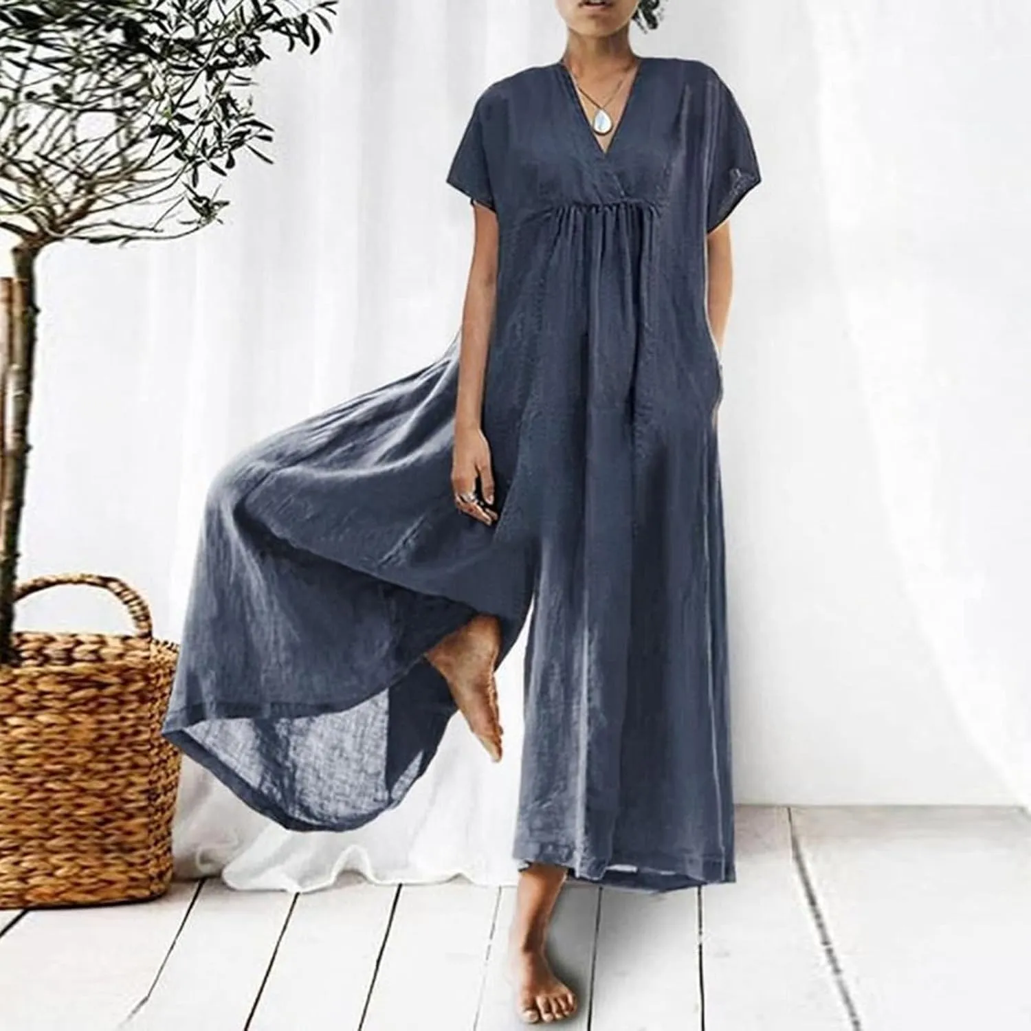 Akivide Womens Casual Jumpsuit Summer Loose Wide Leg Baggy Jumpsuit Linen Short Sleeve V Neck Long Ropmer Overall with Pocket
