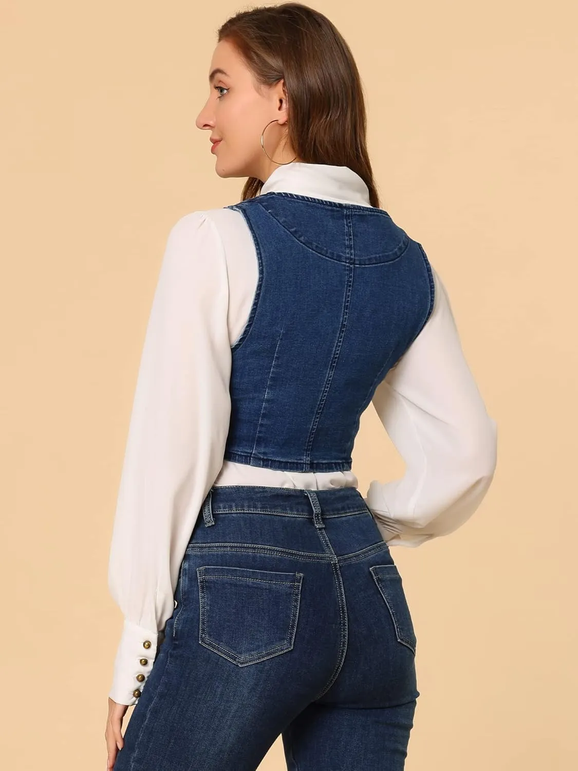Allegra K Women's Denim Vest Vintage Button Up Sleeveless Crop Jean Vest Waistcoat