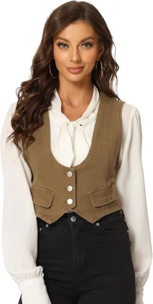 Allegra K Women's Denim Vest Vintage Button Up Sleeveless Crop Jean Vest Waistcoat