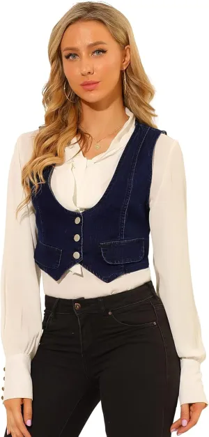 Allegra K Women's Denim Vest Vintage Button Up Sleeveless Crop Jean Vest Waistcoat