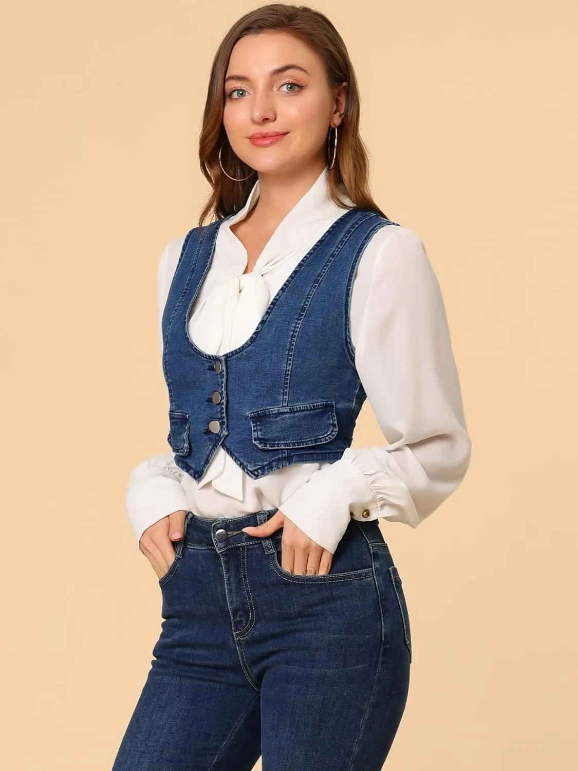 Allegra K Women's Denim Vest Vintage Button Up Sleeveless Crop Jean Vest Waistcoat