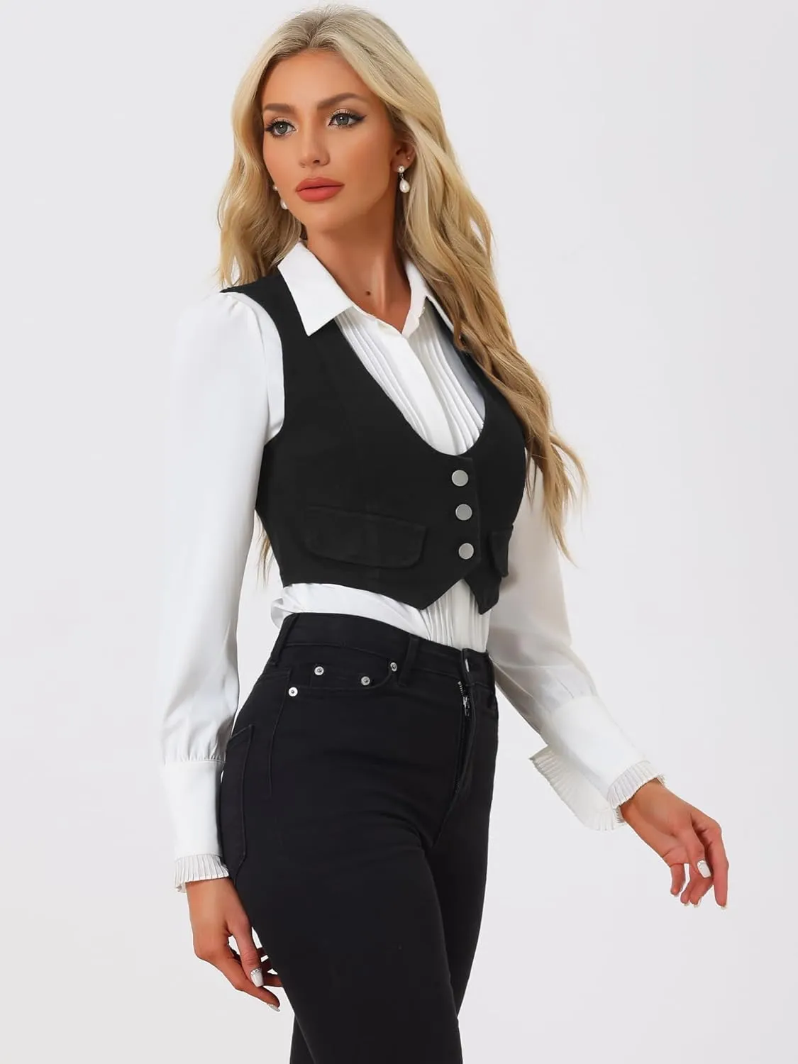 Allegra K Women's Denim Vest Vintage Button Up Sleeveless Crop Jean Vest Waistcoat