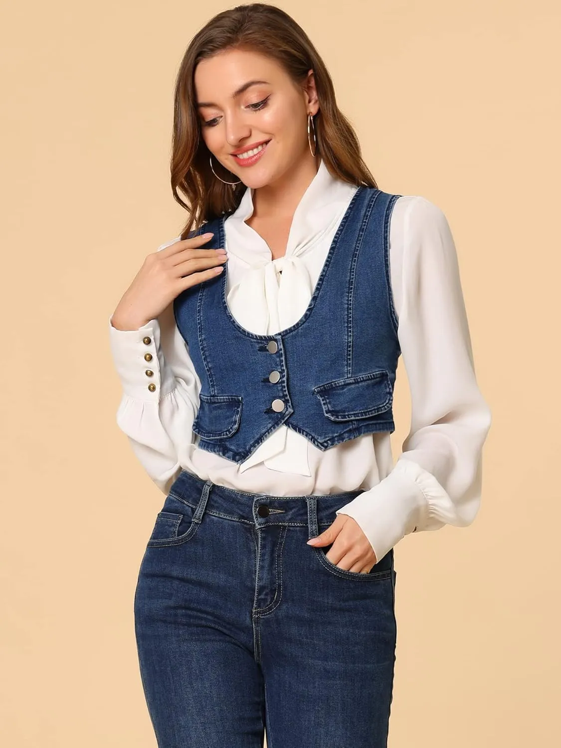 Allegra K Women's Denim Vest Vintage Button Up Sleeveless Crop Jean Vest Waistcoat