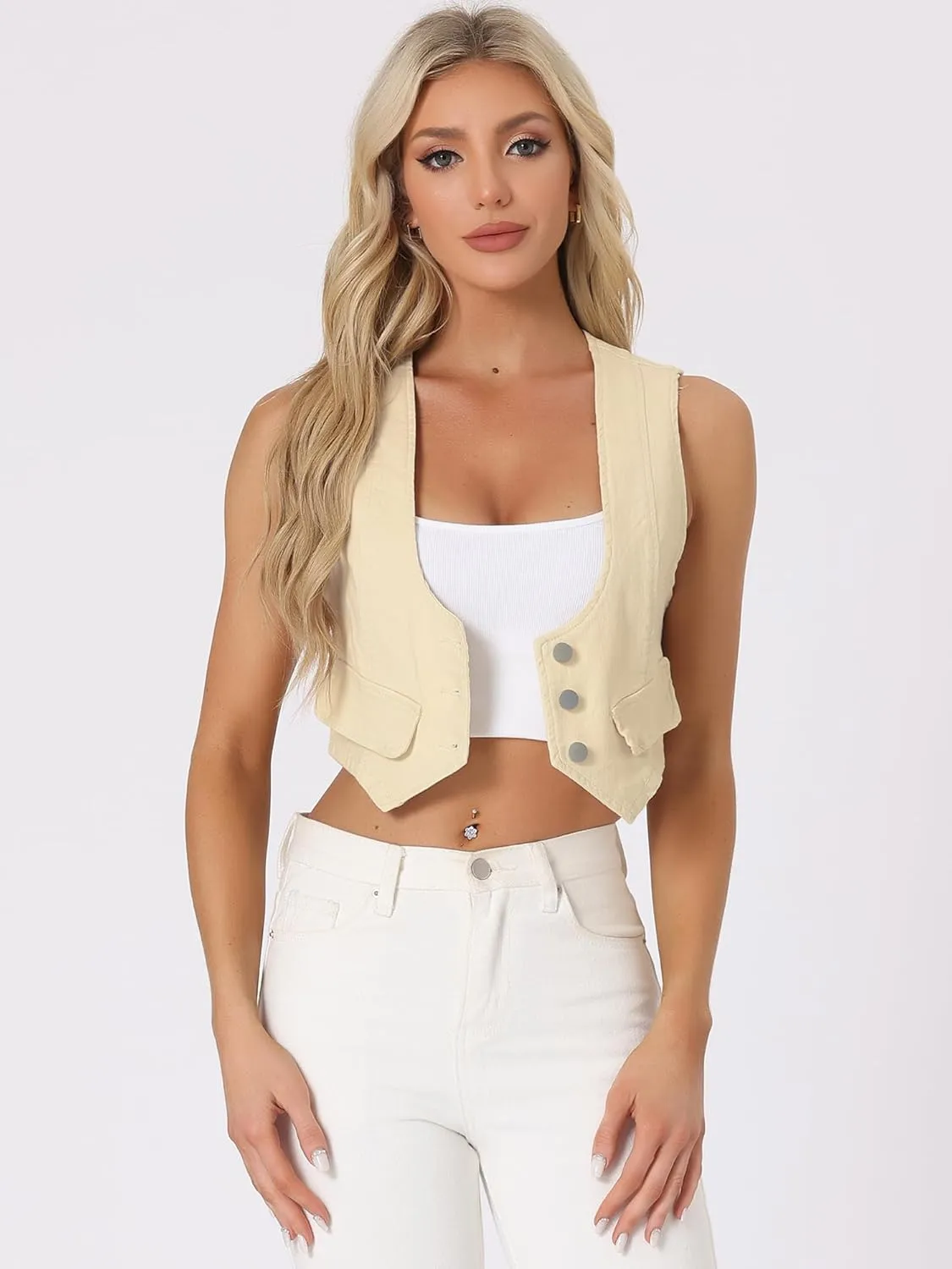 Allegra K Women's Denim Vest Vintage Button Up Sleeveless Crop Jean Vest Waistcoat