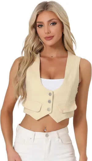 Allegra K Women's Denim Vest Vintage Button Up Sleeveless Crop Jean Vest Waistcoat