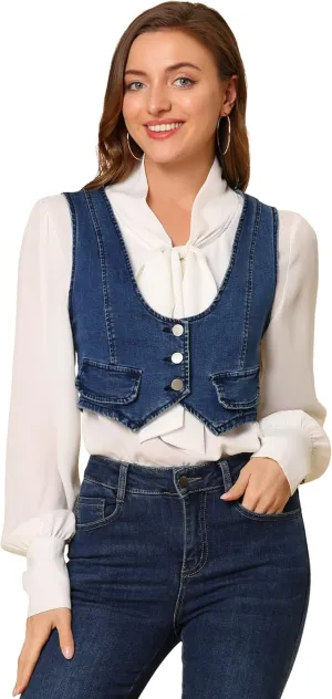 Allegra K Women's Denim Vest Vintage Button Up Sleeveless Crop Jean Vest Waistcoat