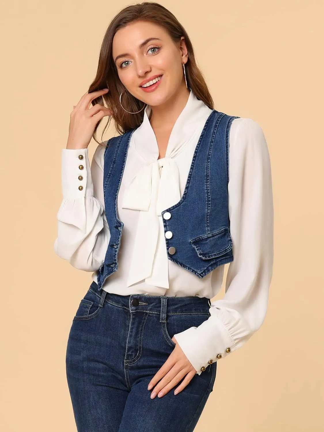 Allegra K Women's Denim Vest Vintage Button Up Sleeveless Crop Jean Vest Waistcoat