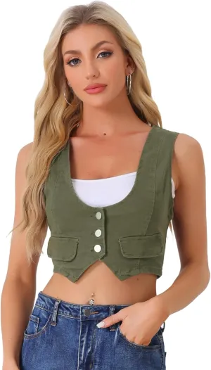 Allegra K Women's Denim Vest Vintage Button Up Sleeveless Crop Jean Vest Waistcoat