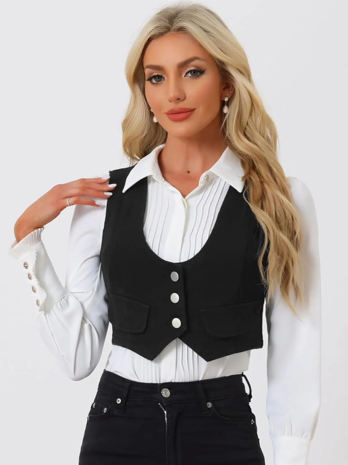 Allegra K Women's Denim Vest Vintage Button Up Sleeveless Crop Jean Vest Waistcoat