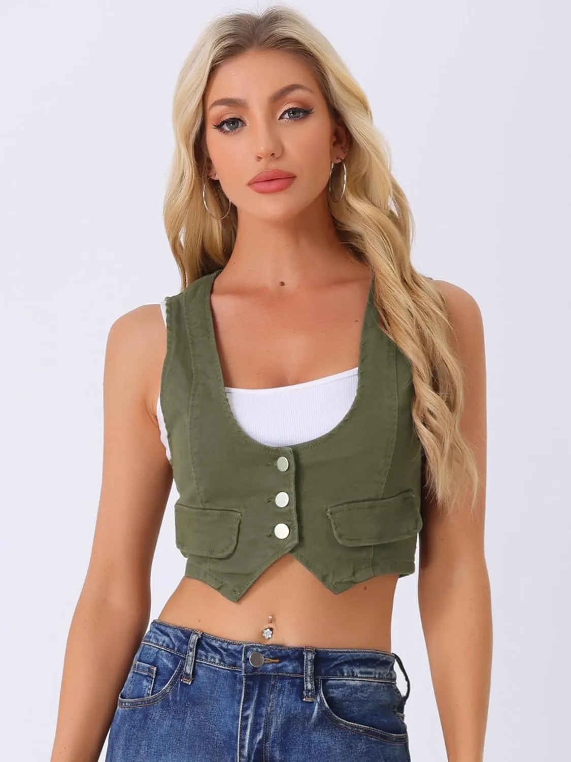 Allegra K Women's Denim Vest Vintage Button Up Sleeveless Crop Jean Vest Waistcoat