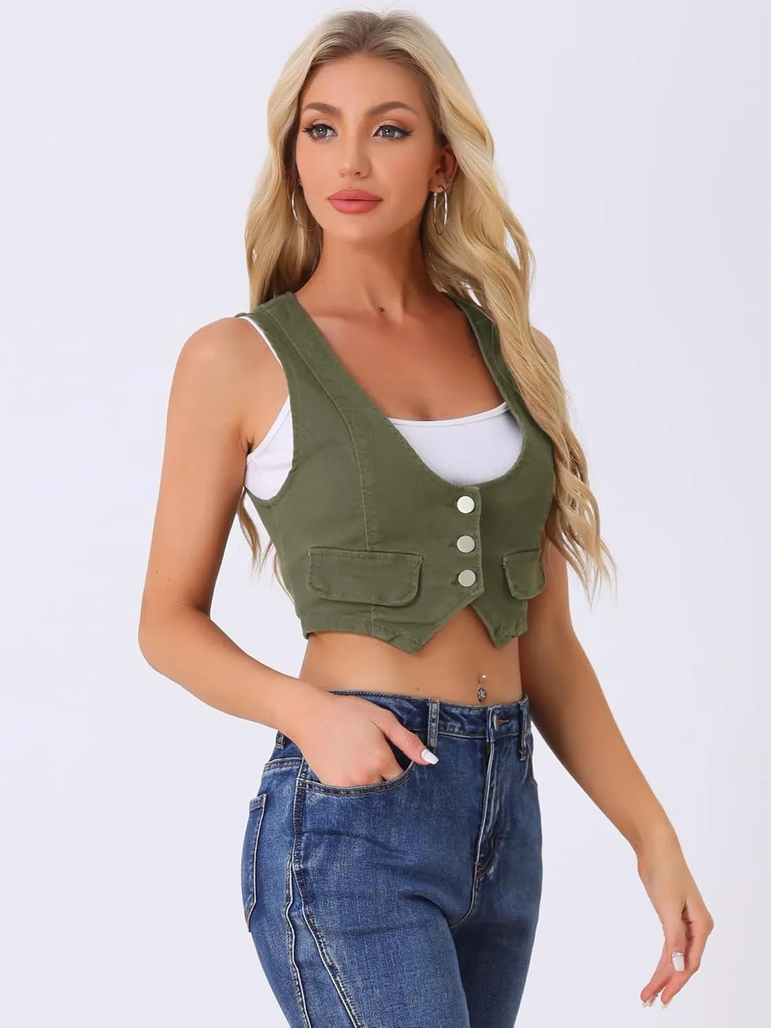 Allegra K Women's Denim Vest Vintage Button Up Sleeveless Crop Jean Vest Waistcoat