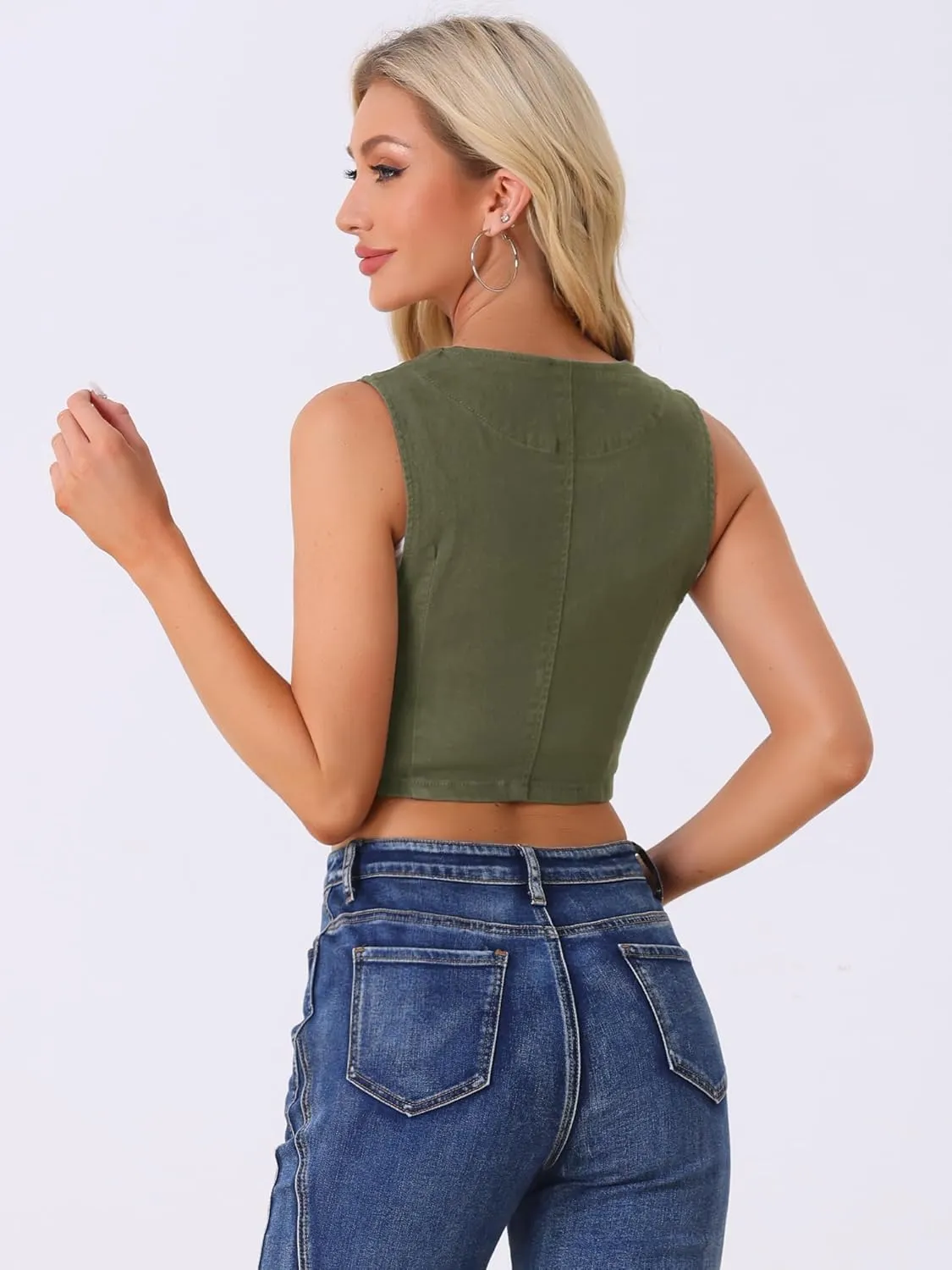 Allegra K Women's Denim Vest Vintage Button Up Sleeveless Crop Jean Vest Waistcoat