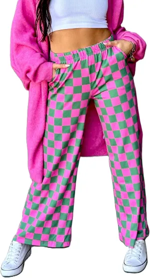 Aonoapll Women Checkered Wide Leg Pants Elastic High Waist Straight Leg Y2k Checkerboard Lounge Trousers