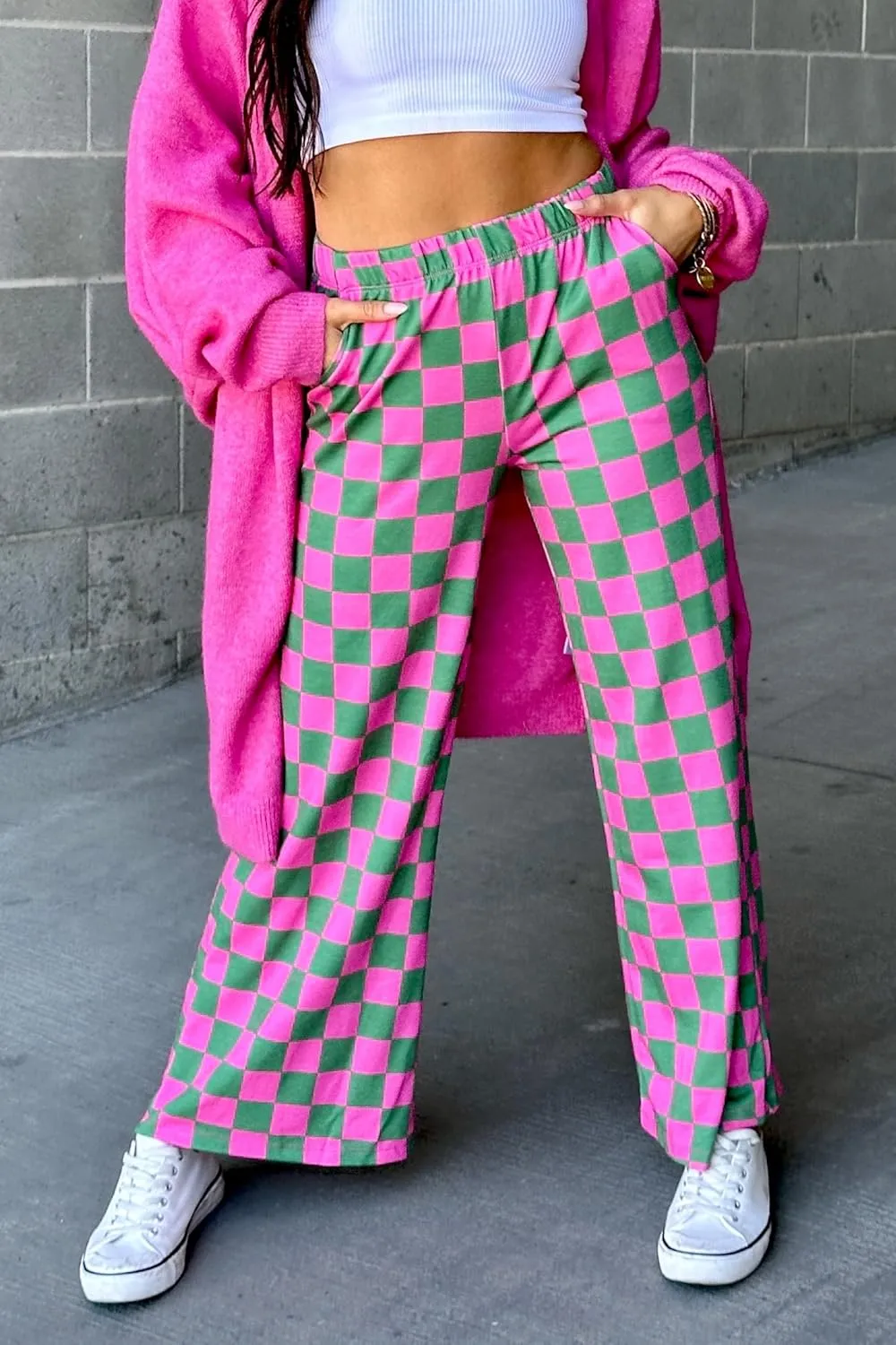 Aonoapll Women Checkered Wide Leg Pants Elastic High Waist Straight Leg Y2k Checkerboard Lounge Trousers
