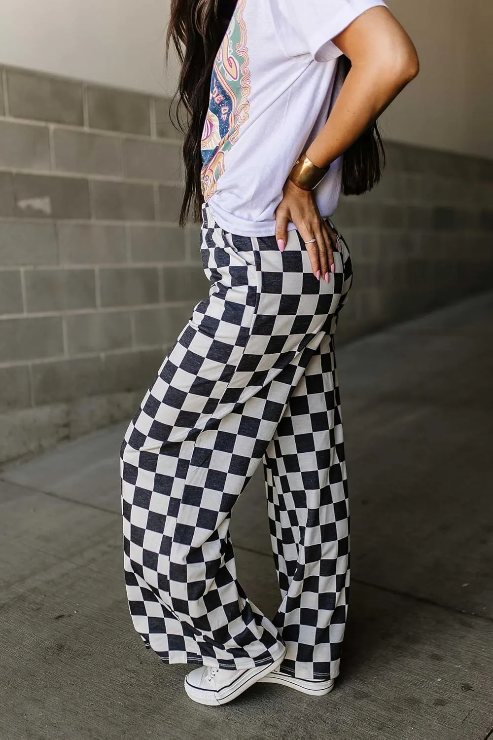 Aonoapll Women Checkered Wide Leg Pants Elastic High Waist Straight Leg Y2k Checkerboard Lounge Trousers