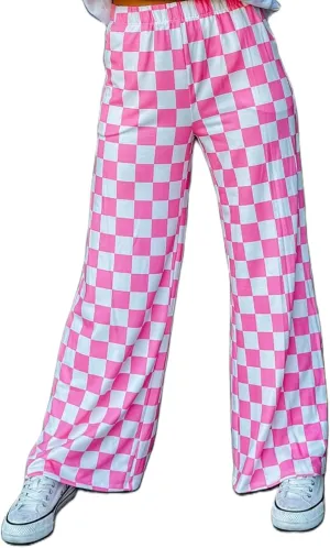 Aonoapll Women Checkered Wide Leg Pants Elastic High Waist Straight Leg Y2k Checkerboard Lounge Trousers