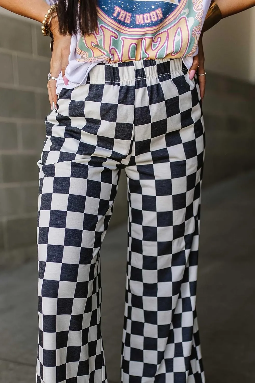 Aonoapll Women Checkered Wide Leg Pants Elastic High Waist Straight Leg Y2k Checkerboard Lounge Trousers