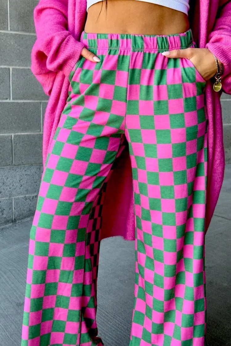 Aonoapll Women Checkered Wide Leg Pants Elastic High Waist Straight Leg Y2k Checkerboard Lounge Trousers