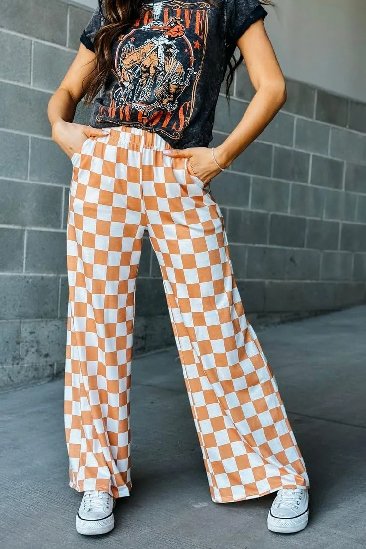 Aonoapll Women Checkered Wide Leg Pants Elastic High Waist Straight Leg Y2k Checkerboard Lounge Trousers
