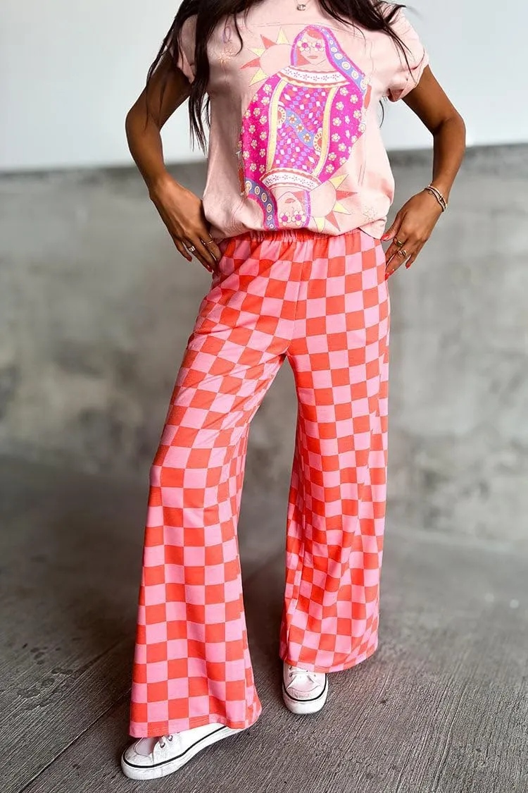Aonoapll Women Checkered Wide Leg Pants Elastic High Waist Straight Leg Y2k Checkerboard Lounge Trousers