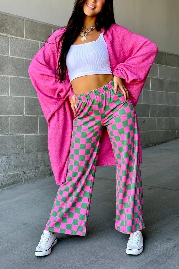 Aonoapll Women Checkered Wide Leg Pants Elastic High Waist Straight Leg Y2k Checkerboard Lounge Trousers