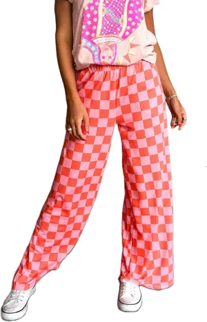 Aonoapll Women Checkered Wide Leg Pants Elastic High Waist Straight Leg Y2k Checkerboard Lounge Trousers