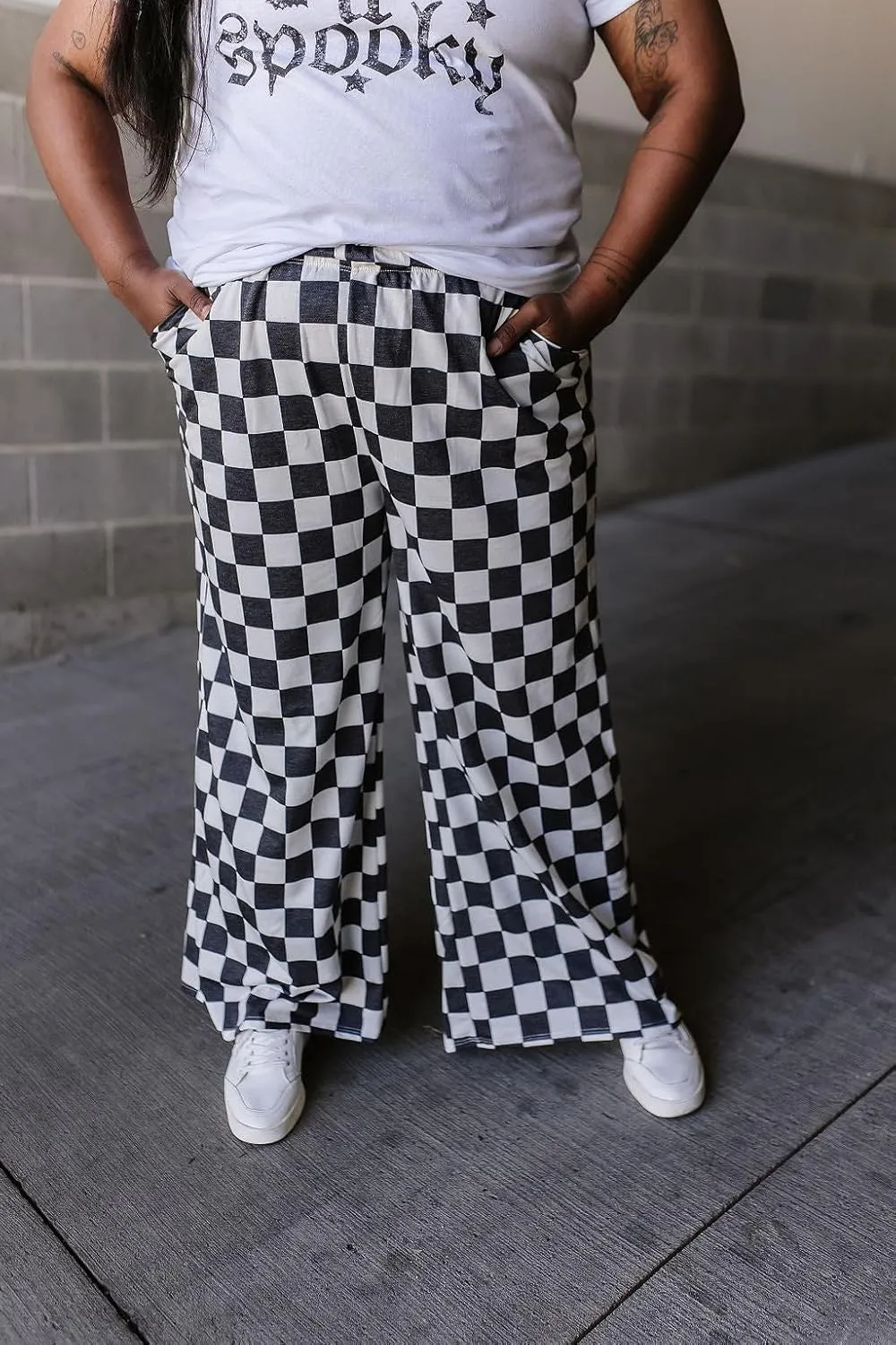 Aonoapll Women Checkered Wide Leg Pants Elastic High Waist Straight Leg Y2k Checkerboard Lounge Trousers