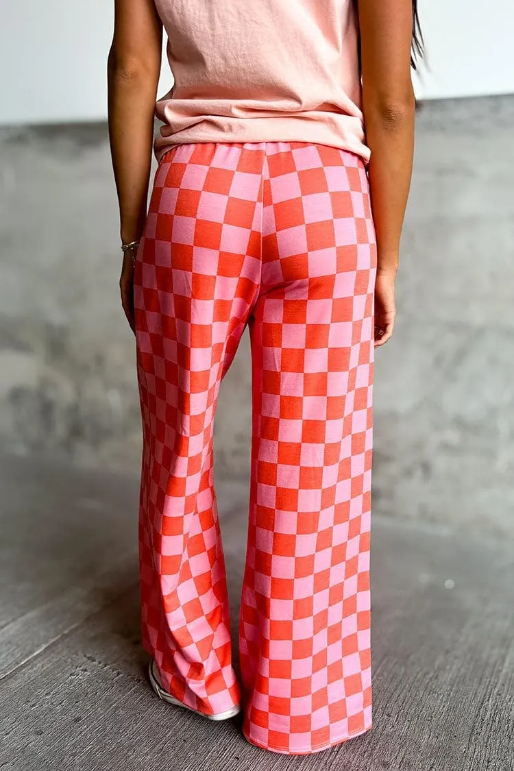 Aonoapll Women Checkered Wide Leg Pants Elastic High Waist Straight Leg Y2k Checkerboard Lounge Trousers