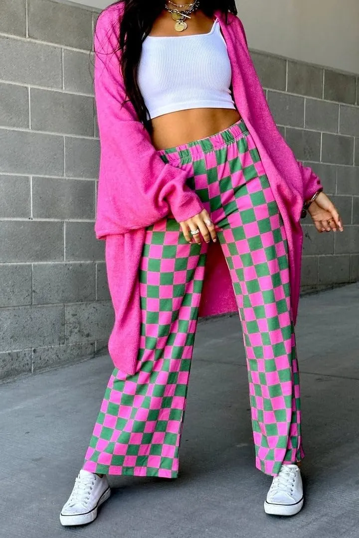 Aonoapll Women Checkered Wide Leg Pants Elastic High Waist Straight Leg Y2k Checkerboard Lounge Trousers