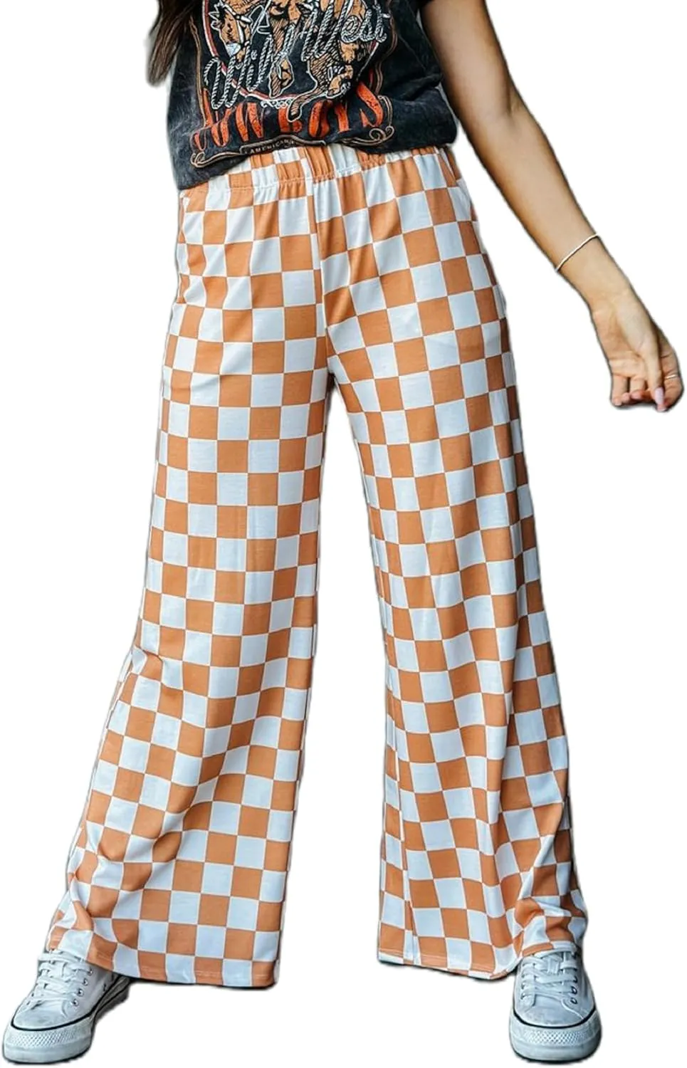 Aonoapll Women Checkered Wide Leg Pants Elastic High Waist Straight Leg Y2k Checkerboard Lounge Trousers