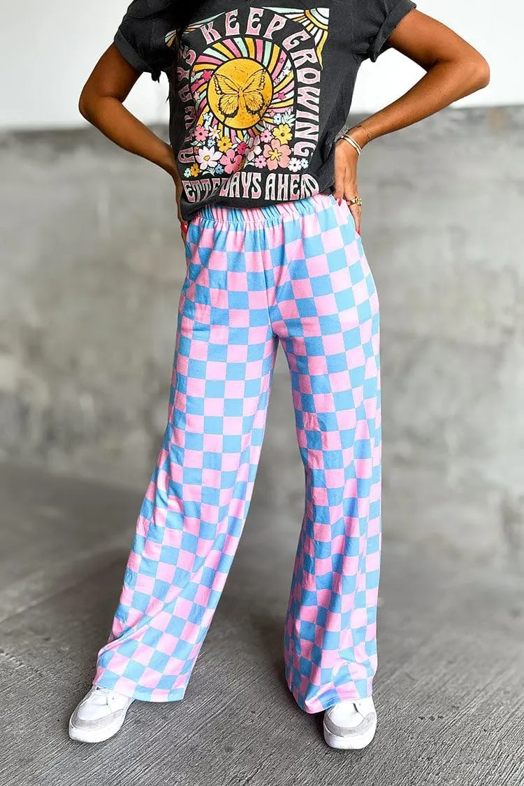 Aonoapll Women Checkered Wide Leg Pants Elastic High Waist Straight Leg Y2k Checkerboard Lounge Trousers
