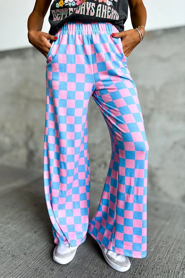 Aonoapll Women Checkered Wide Leg Pants Elastic High Waist Straight Leg Y2k Checkerboard Lounge Trousers