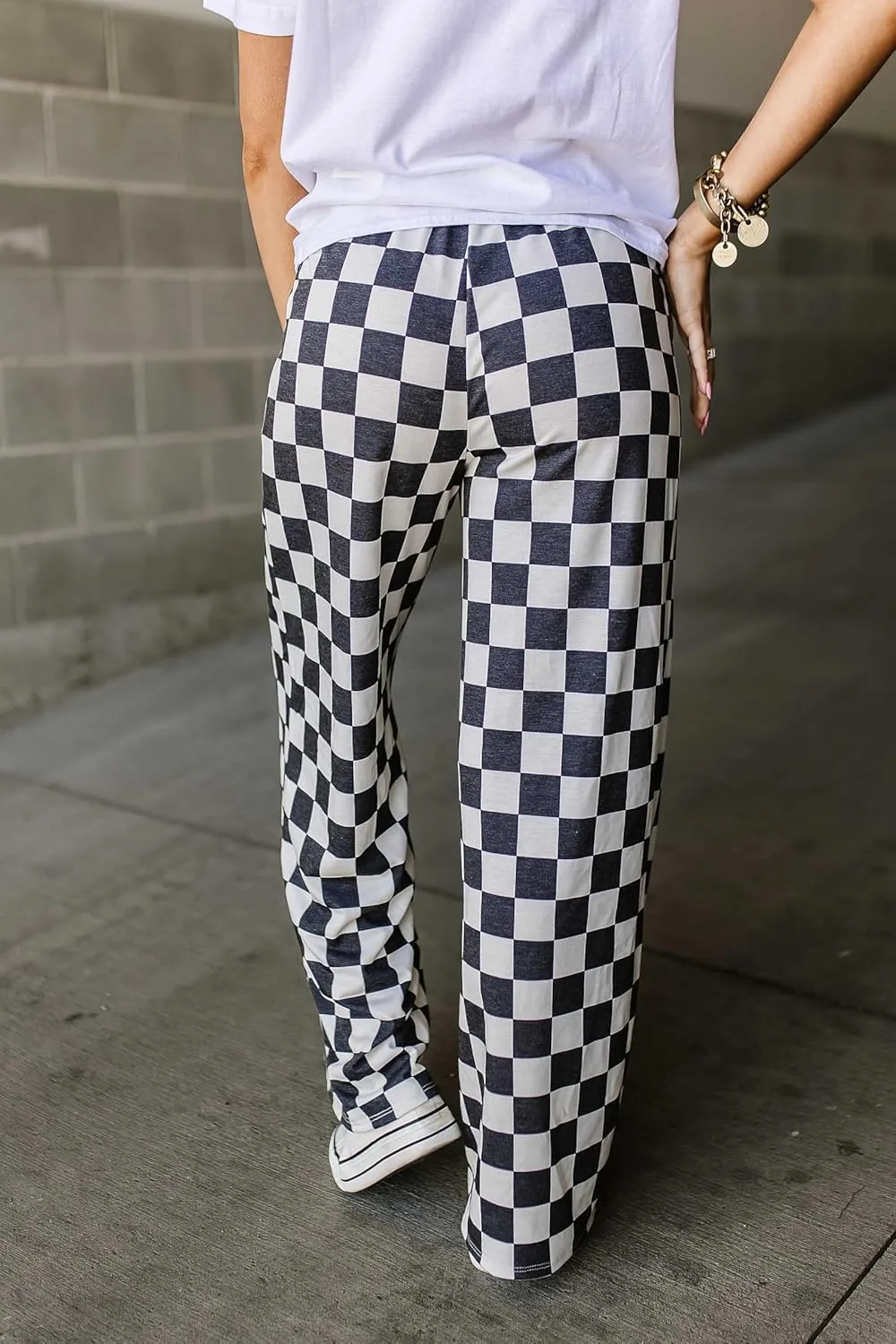 Aonoapll Women Checkered Wide Leg Pants Elastic High Waist Straight Leg Y2k Checkerboard Lounge Trousers